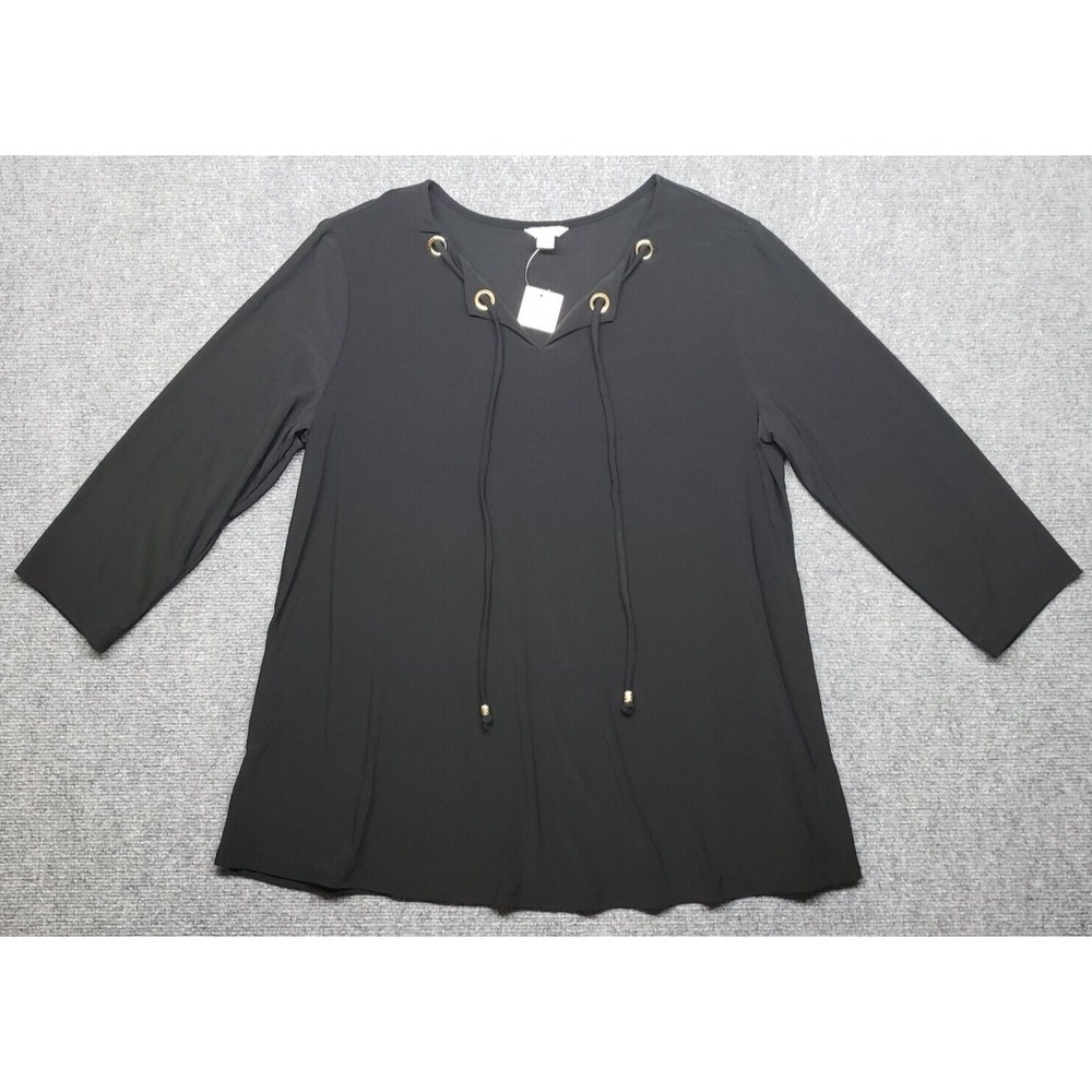 C Est 1946 Blouse Womens L Ideal Black Lace V-Neck 3/4 Sleeve Stretch New
